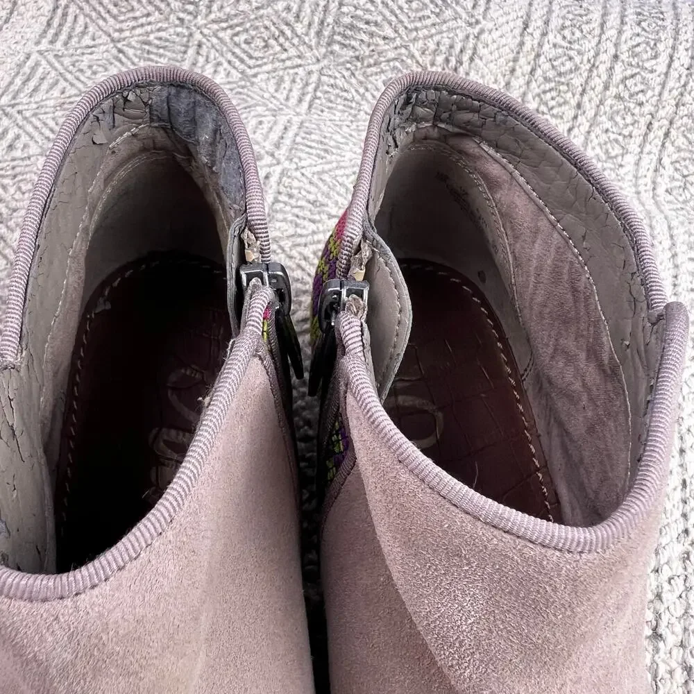 Sam Edelman, Putnam Taupe Suede Booties, Colorful Woven Back, Boho Western Ankle